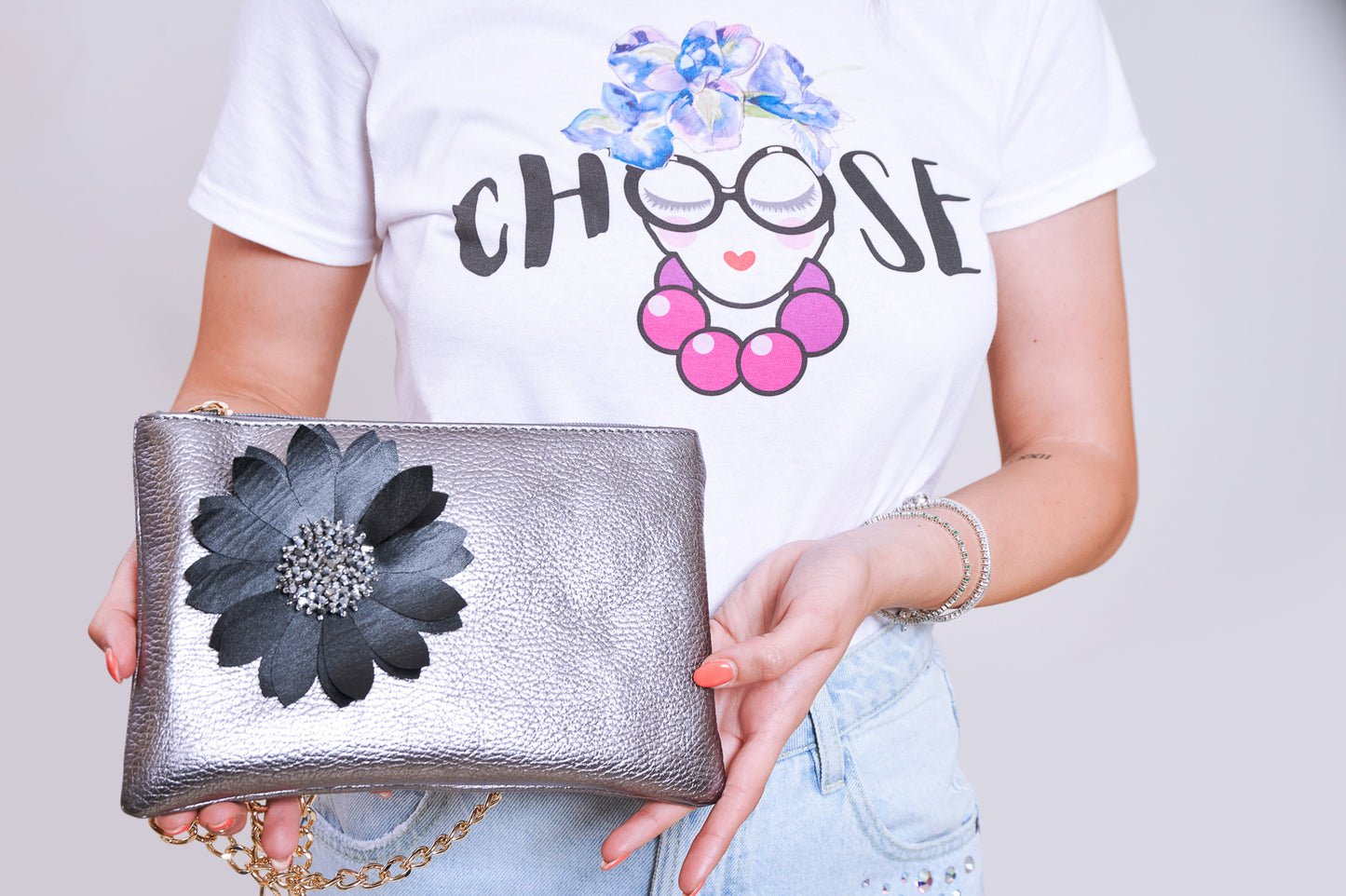 Borsetta color Antracite Metallico fiore in Pelle