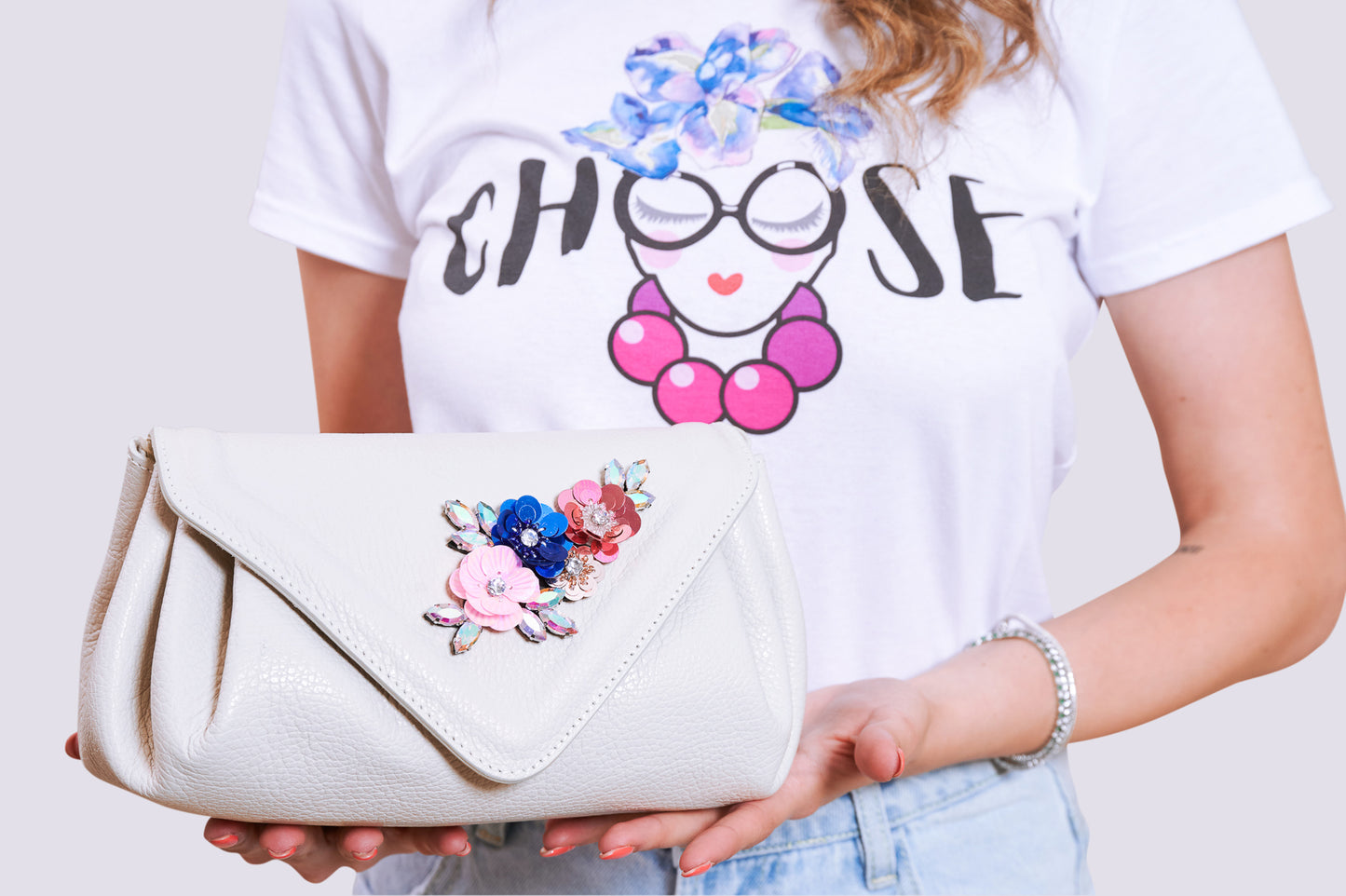 Borsetta Mini Puffer Beige con Ramage di fiori