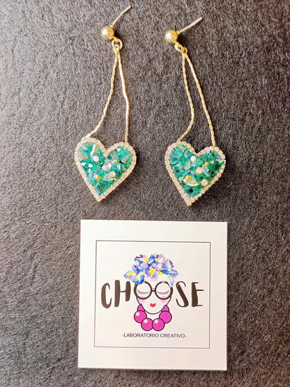 Orecchini Pendenti Cuori Verdi Perline