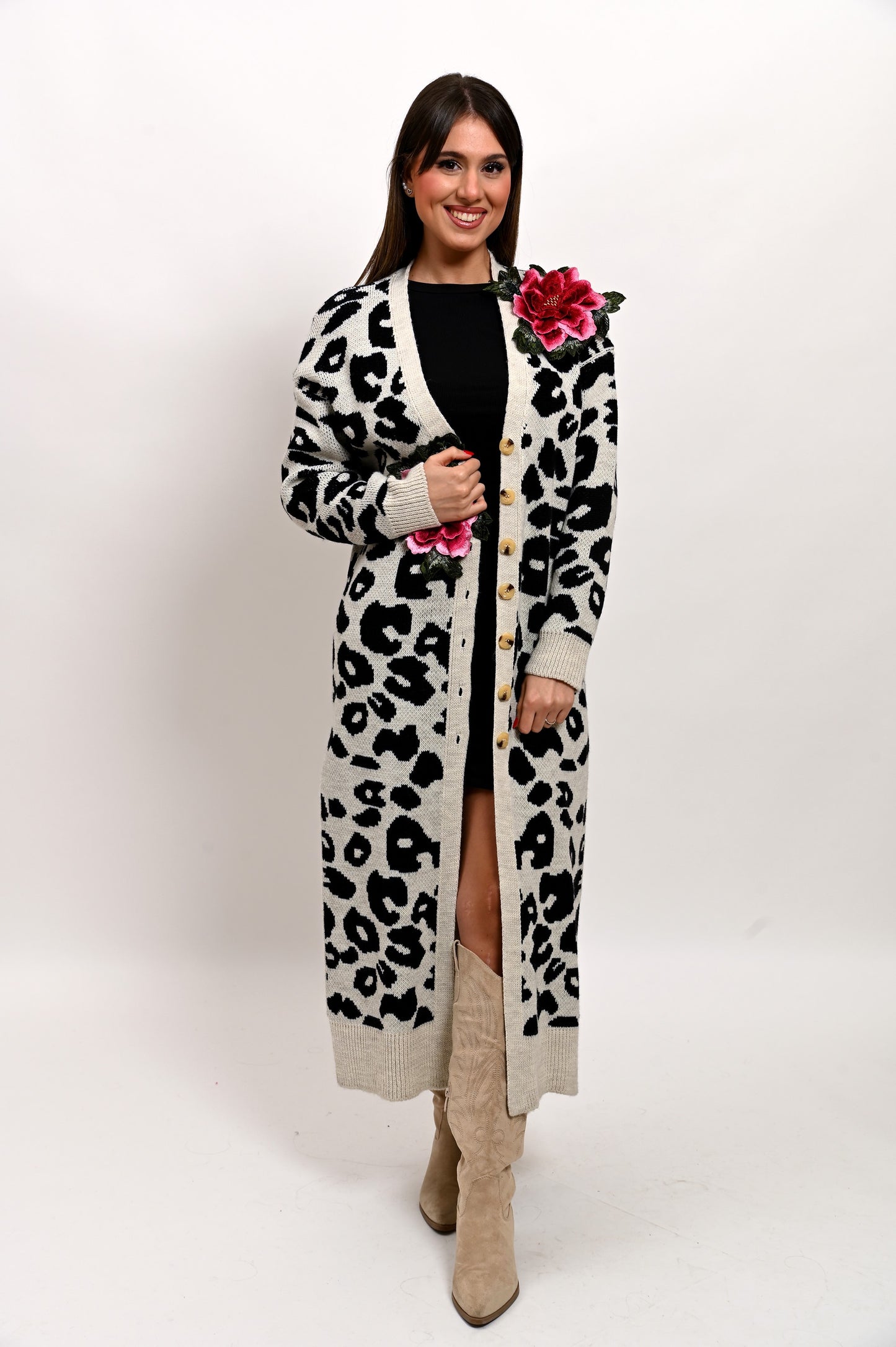 Maxi Cardigan Maculato Fiori Artigianali Tridimensionali