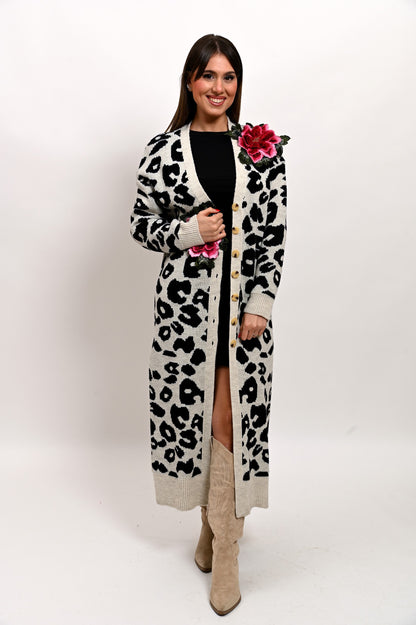 Maxi Cardigan Maculato Fiori Artigianali Tridimensionali