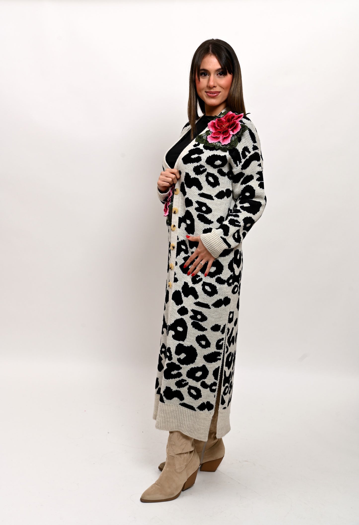 Maxi Cardigan Maculato Fiori Artigianali Tridimensionali