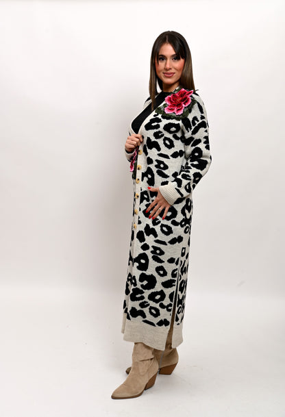 Maxi Cardigan Maculato Fiori Artigianali Tridimensionali