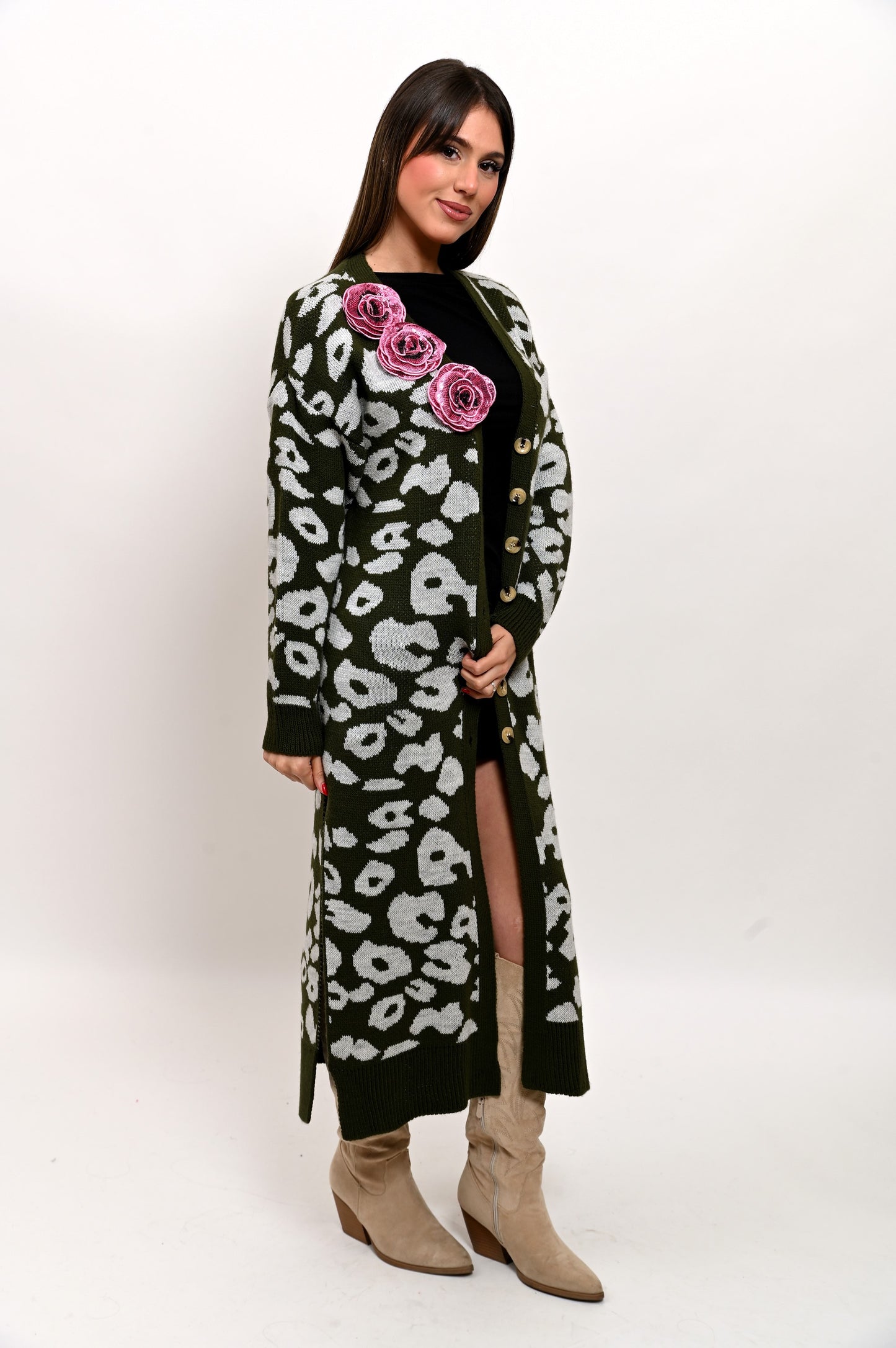 Maxi Cardigan Maculato Rose Tridimensionali