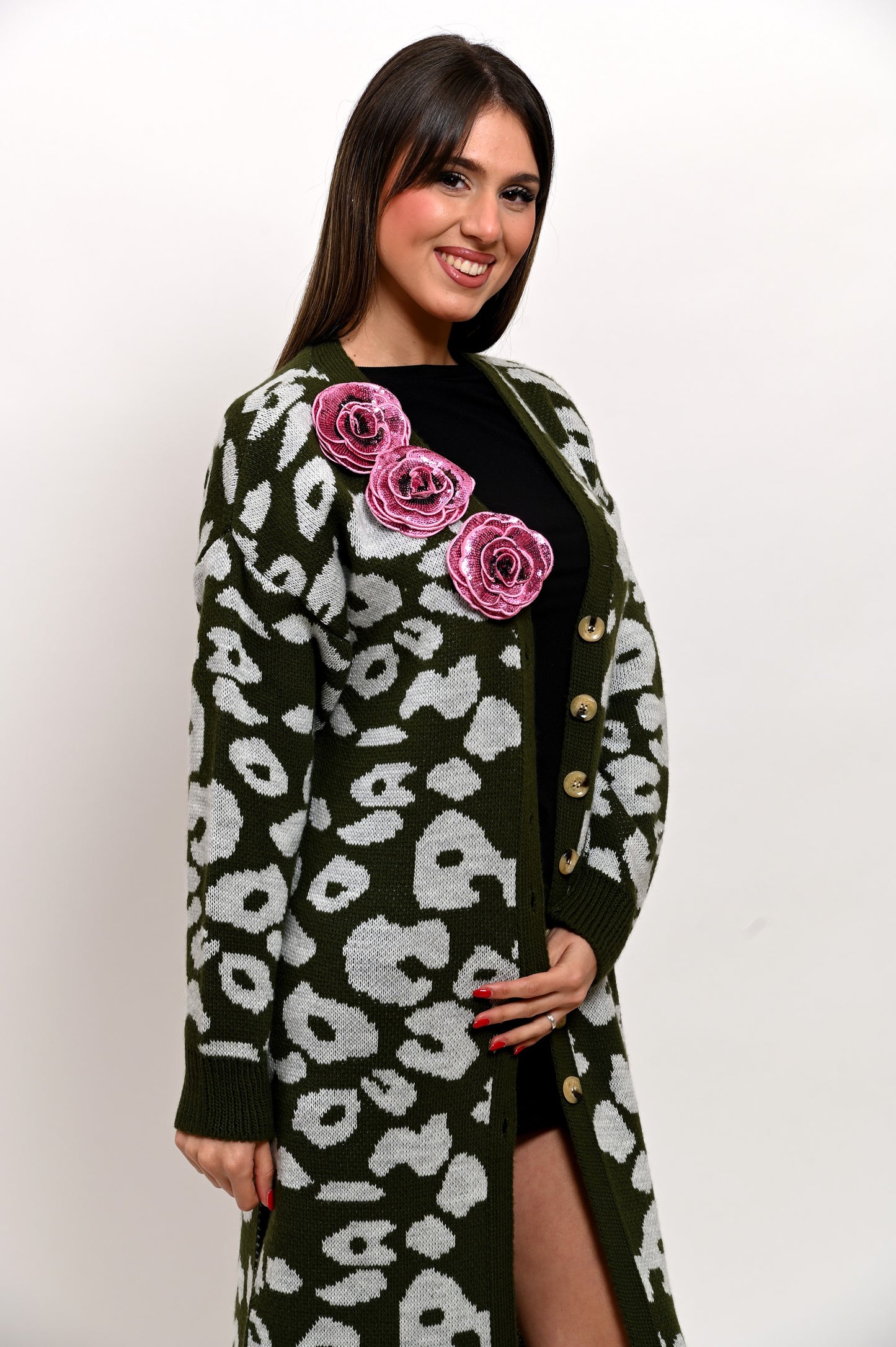 Maxi Cardigan Maculato Rose Tridimensionali