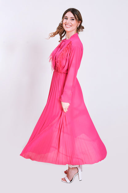 Abito midi fucsia con piume