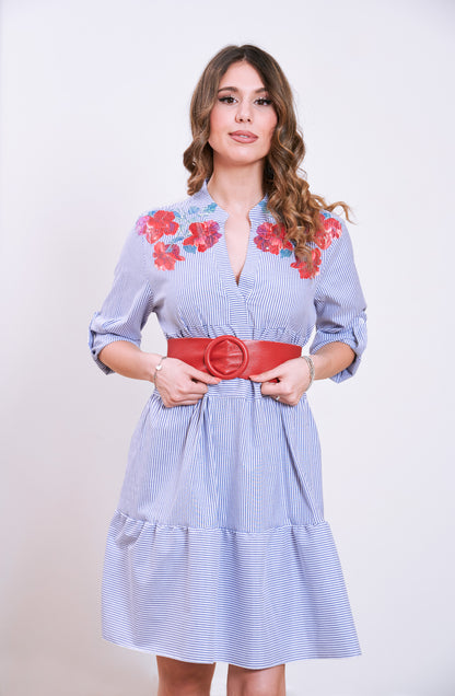 Vestito a Righe con Rose Rosse
