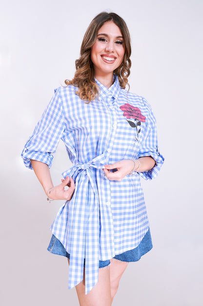 Maxi Camicia a quadrucci con fiocco