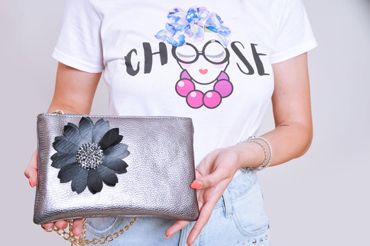 Borsetta color Antracite Metallico fiore in Pelle