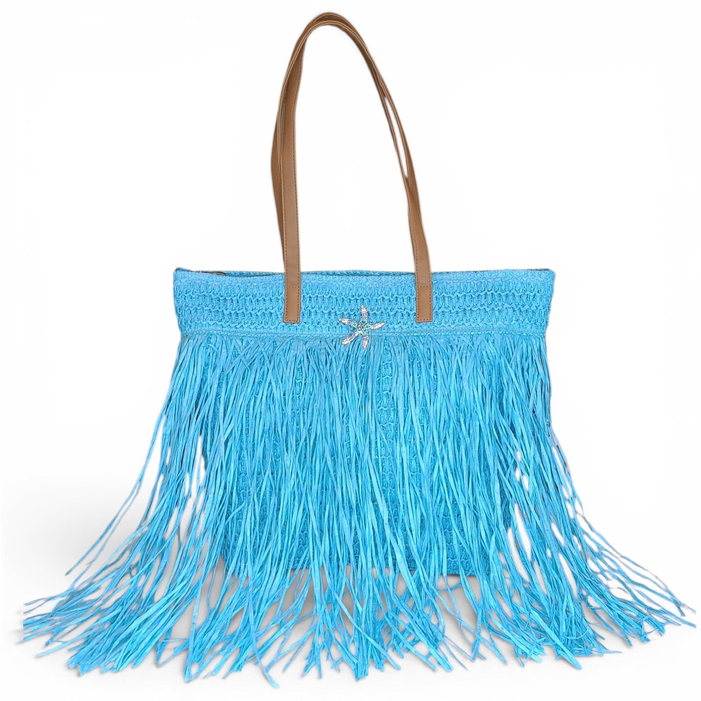 Borsa Mare in Paglia Azzurra con Frange e Stella Gioiello