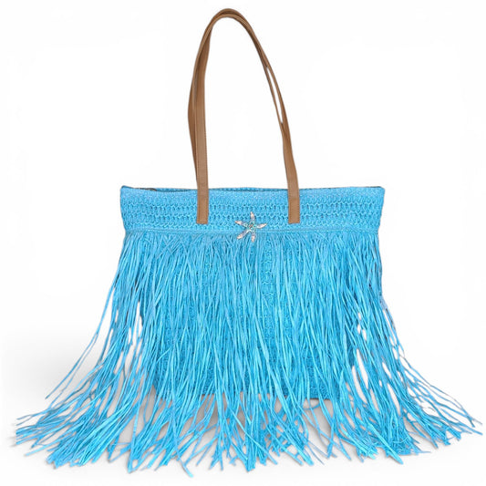 Borsa Mare in Paglia Azzurra con Frange e Stella Gioiello