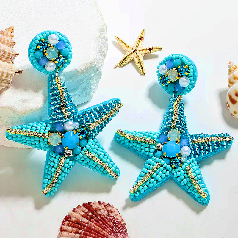 Orecchini a Bottone con Pendente a Stella Marina Turchese e Perline – Edizione "Summer Vibes"