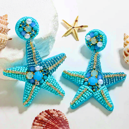 Orecchini a Bottone con Pendente a Stella Marina Turchese e Perline – Edizione "Summer Vibes"