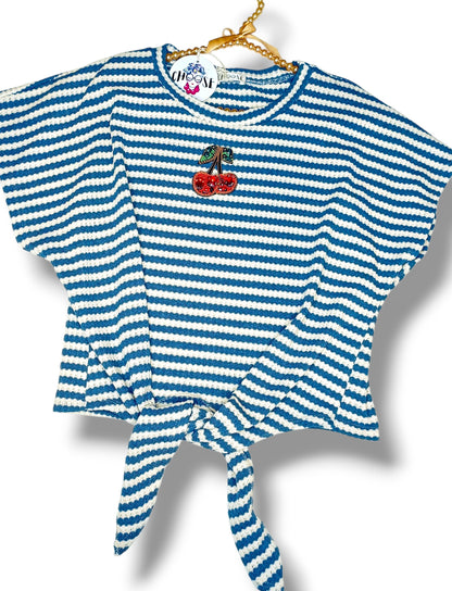 T-Shirt a Righe "Cherry Charm" con Nodo Frontale