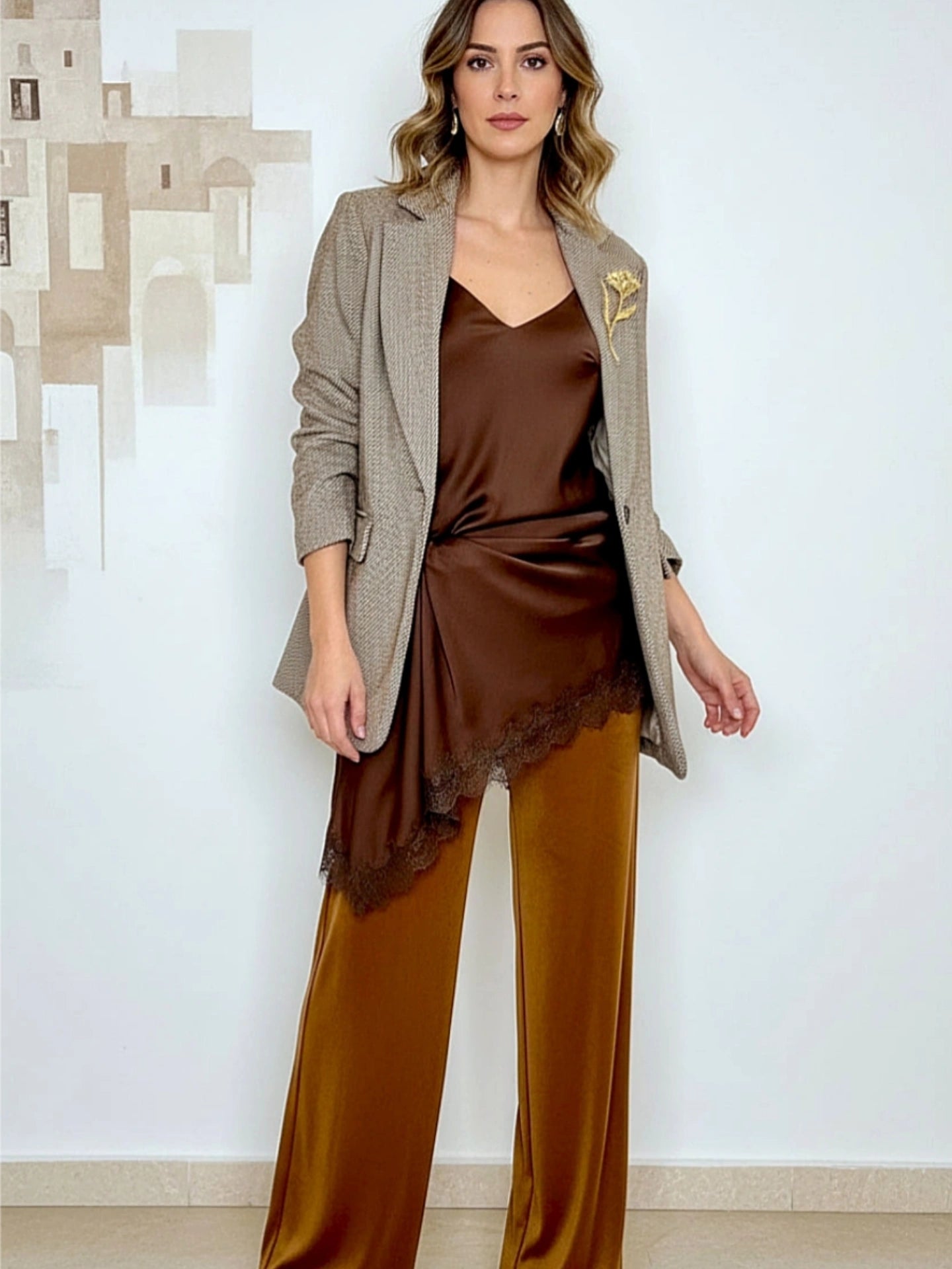 Giacca tessuto diagonale con spilla