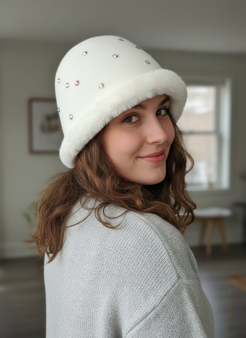 Cappello ecopelliccia e cristalli
