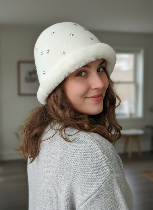 Cappello ecopelliccia e cristalli