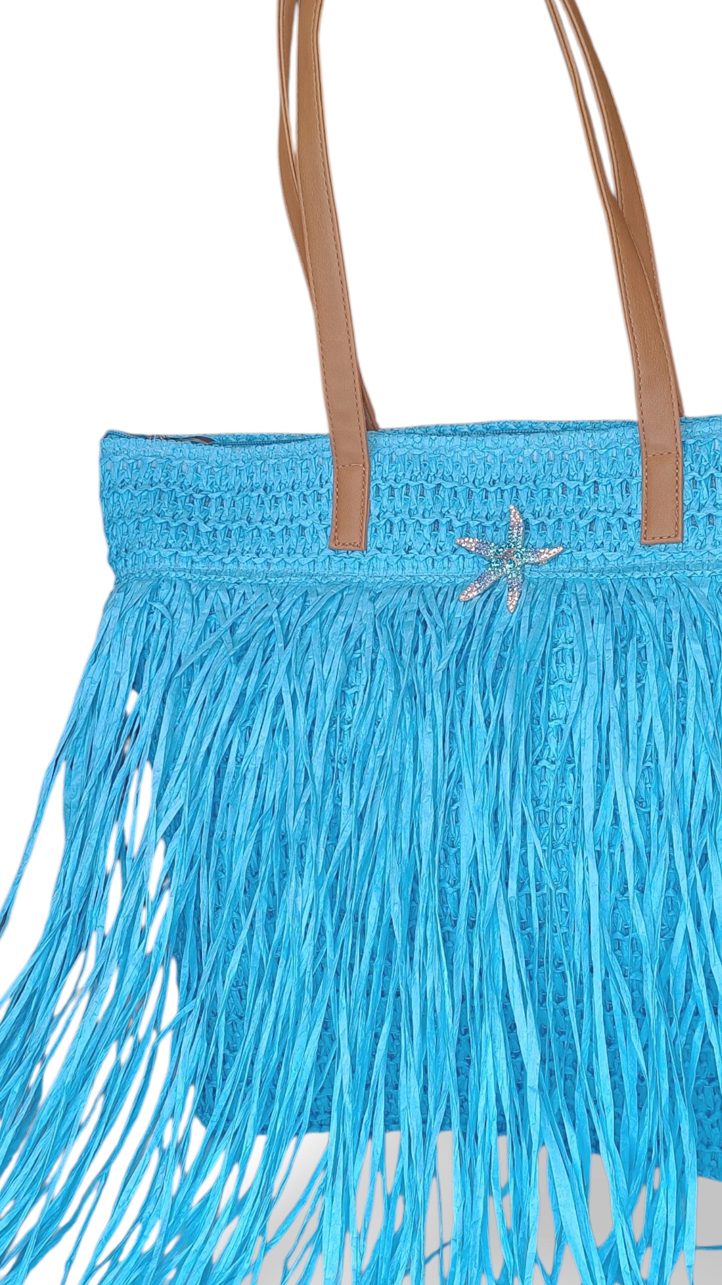 Borsa Mare in Paglia Azzurra con Frange e Stella Gioiello