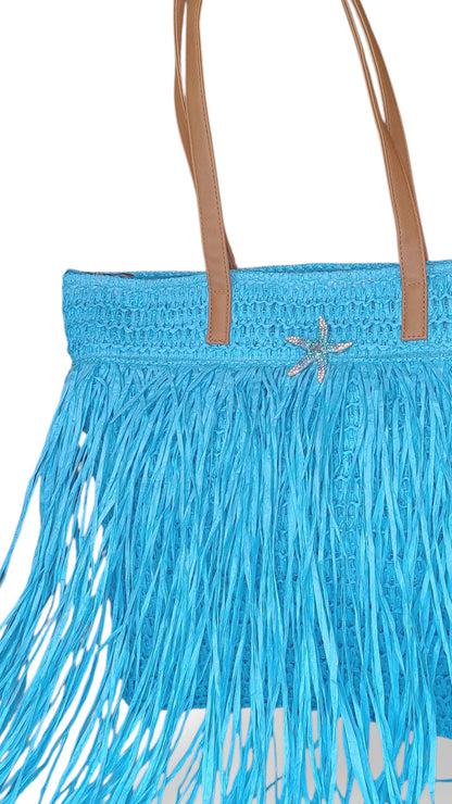 Borsa Mare in Paglia Azzurra con Frange e Stella Gioiello